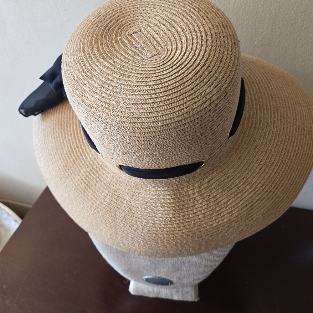 Elegant Tan Sun Hat with Black Ribbon 100 % Paper - Picture 4 of 8
